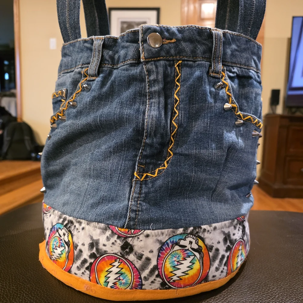 Upcycled Hand Craftef Greatful Dead Denim Blue Jeans Storage Basket Tote